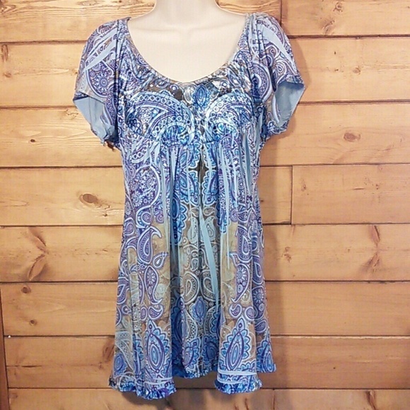 Unity | Satiny Blue Paisley Tunic Dress L(J) - Picture 1 of 4